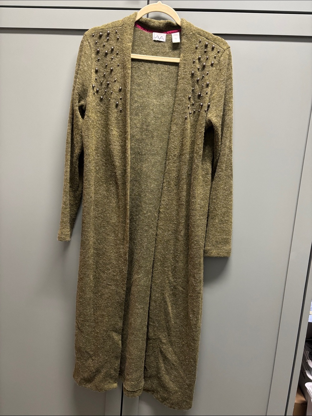 Long Open-Front Studded Knit Cardigan - Olive Green